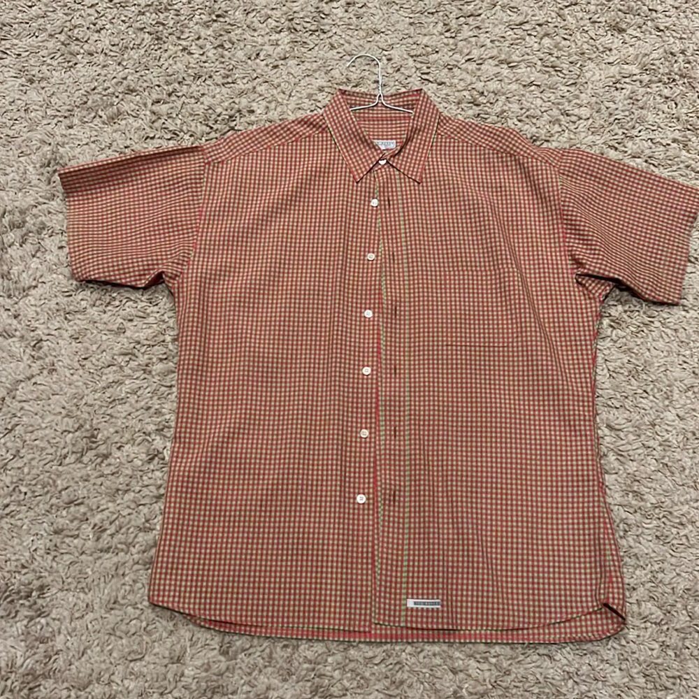 Men's Ted Baker Gingham Plaid Short Sleeve Shirt Large Orange & Lime Green